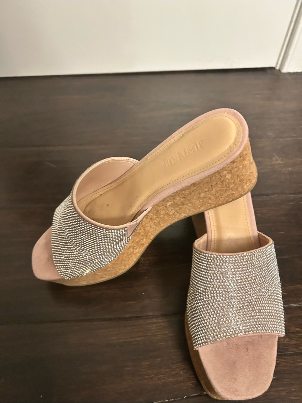 JustFab Pink Suede Cork Wedge Slide with Crystal Band